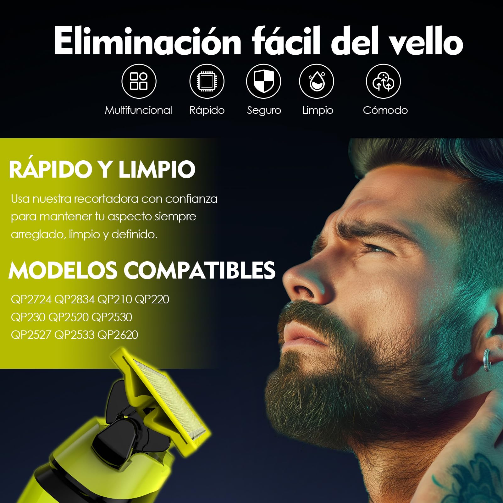 Juego de 4 cuchillas de recambio y 3 peines guía, compatibles con one blade QP2520 QP2630 QP2724 QP2734 QP2834 QP6510