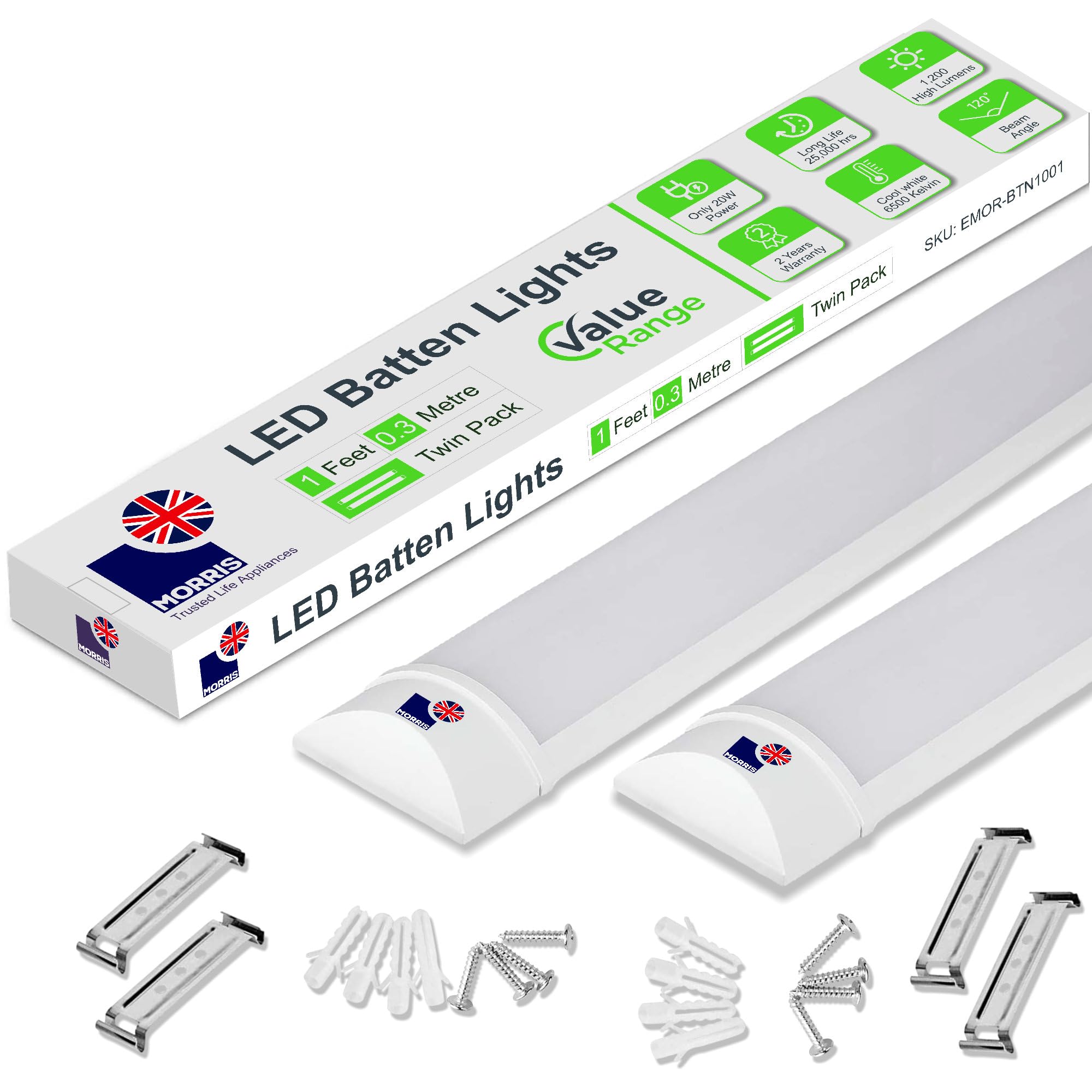 Morris LED Batten Light 1ft - 10W 1200LM, IP20 Indoor Rated, 2-Pack 6500K Daylight, Slim Fit Lighting for Cabinets, Closets, Small Commercial Spaces - Value Range