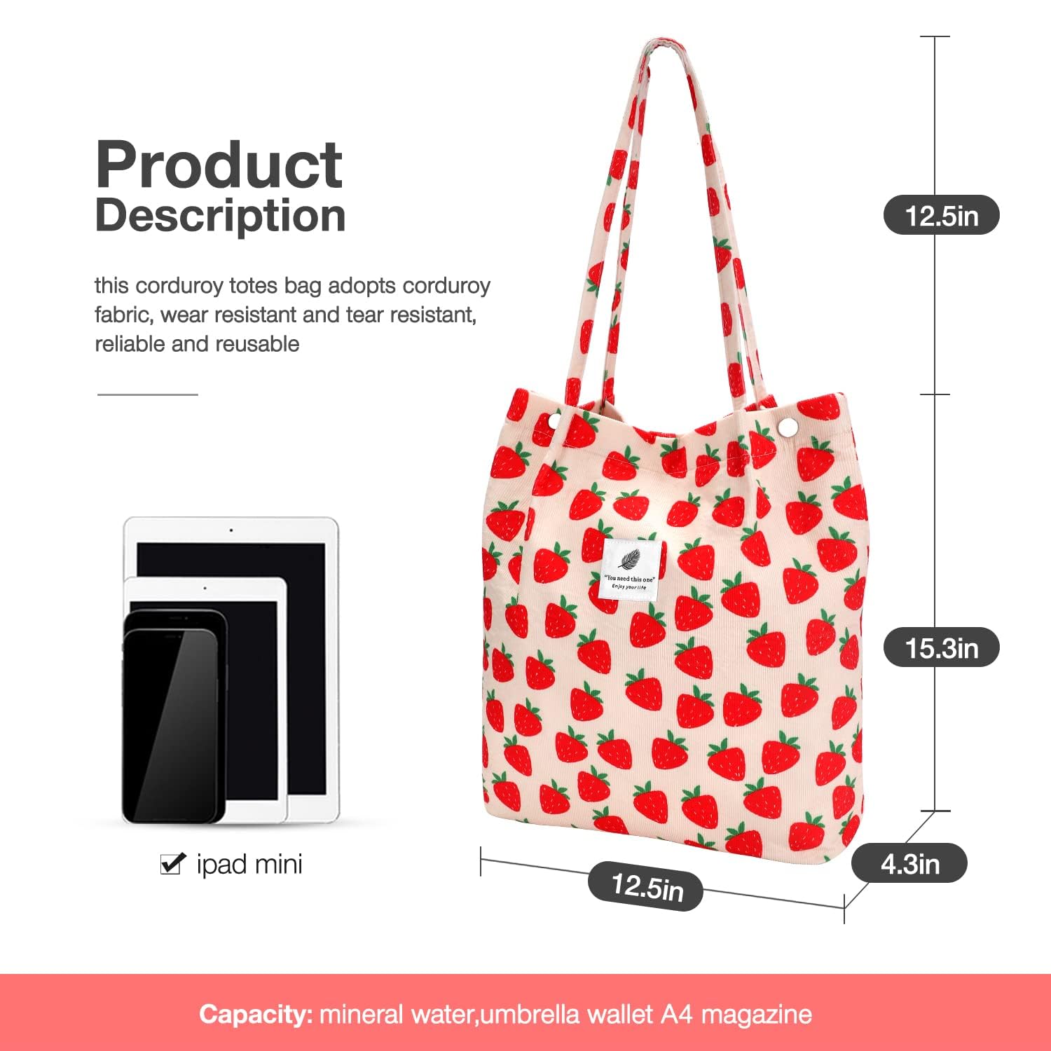 Sac fourre-tout en velours côtelé pour femme, sac fourre-tout en velours côtelé réutilisable de grande capacité avec poche intérieure, parfait pour l'école,le travail,les voyages et le shopping