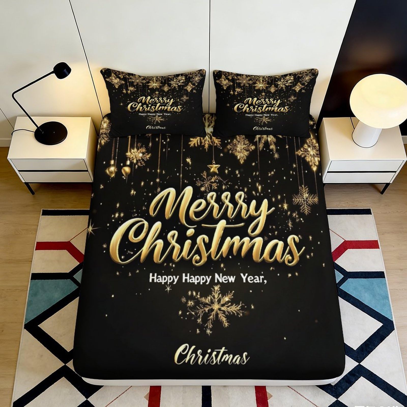 3D Printed Merry Christmas Fitted Sheet Microfiber Soft Breathable Golden Snowflakes Bed Cover for Bedroom Guest Room Mattress Protection Decor 180x200x25cm