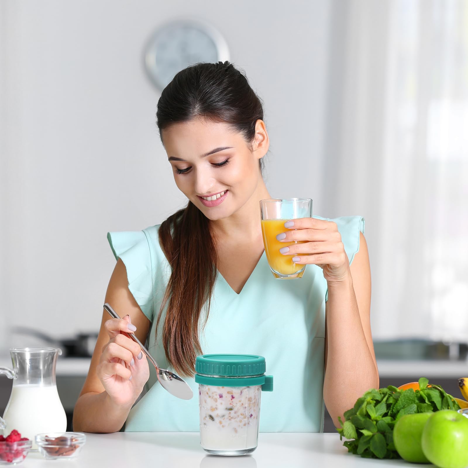 QUARKZMAN Übernacht Haferflocken Behälter mit Deckel 8stk - 10 Oz Übernacht Haferflocken Gläser mit Löffeln und Maß Markierungen Mason Glas Gläser für Milch Müsli (Cyan)