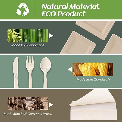 Miniatura 2 de Juego de platos de papel compostables para fiestas, 300 unidades, platos cuadrados de papel marrón de 10 y 8 pulgadas, utensilios y servilletas,
