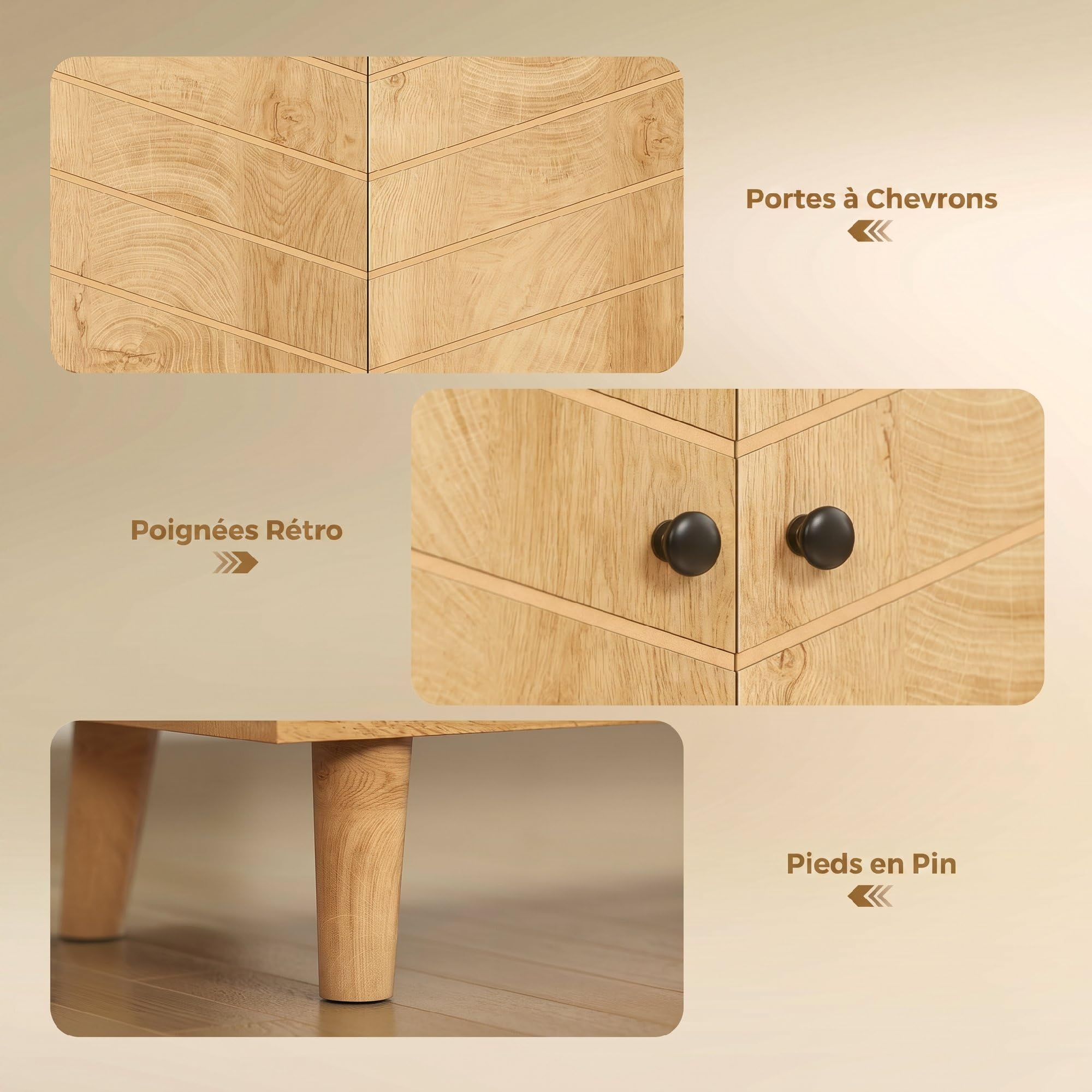 HOMCOM Buffet Cuisine Meuble de Rangement 88,3 x 30 x 76 cm Bois Naturel | 3 Portes à Motif Chevron, Pieds en Bois de Pin, Style Moderne, Buffet Salle à Manger, Salon, Meubles de Salle à Manger