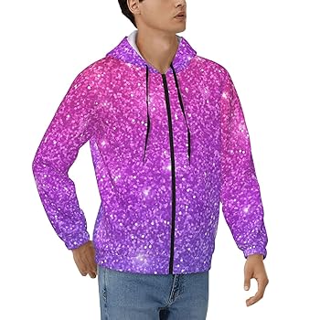 VOSERY Pink Purple Glitter Zip Up Hoodie for Men - Long