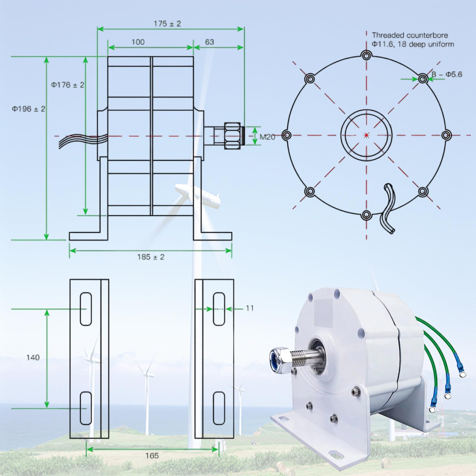 Motore sincrono CA trifase, generatore a bassa velocità del vento da 600 W con raddrizzatore per mulino a vento in fattoria domestica, controller per turbina eolica/acqua, 48 V