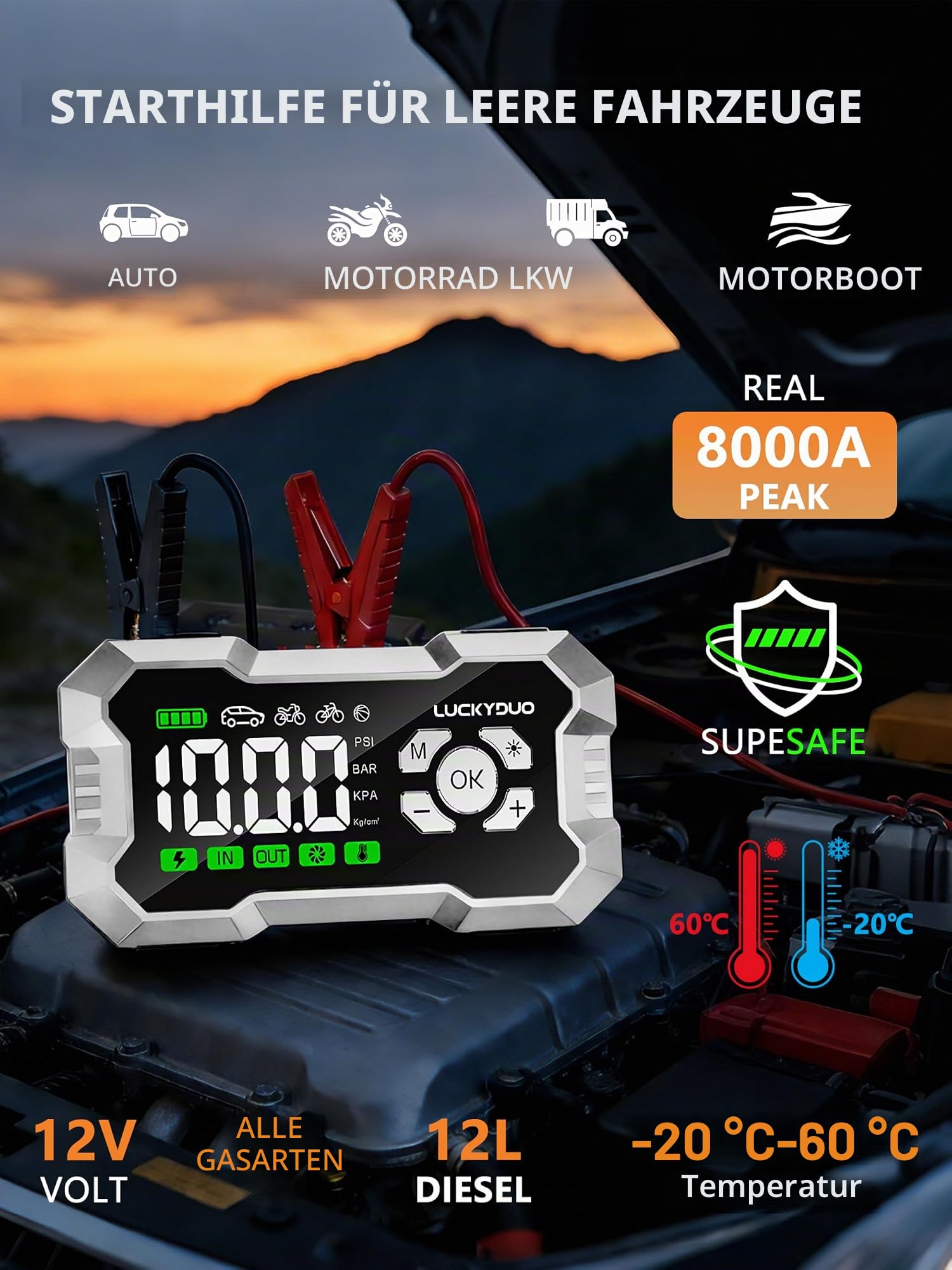 LUCKYDUO Starthilfe 8000A mit Luftkompressor 160PSI, 20000mAh | Starthilfe 2-in-1 mit Kompressor 160PSI, 8000A, 4 Modi, LED-Display, 20000mAh, Notlicht 4 Modi, Komplettset