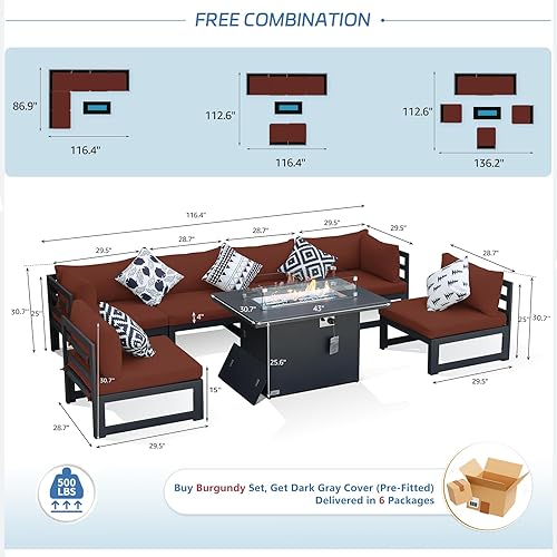 Miniatura 899 de NICESOUL 7 Piece White Powder-Coated Aluminum Patio Furniture with Fire Pit Table, 29 Inch Extra Wide Outdoor Sectional Sofa for 6, High-End Heavy