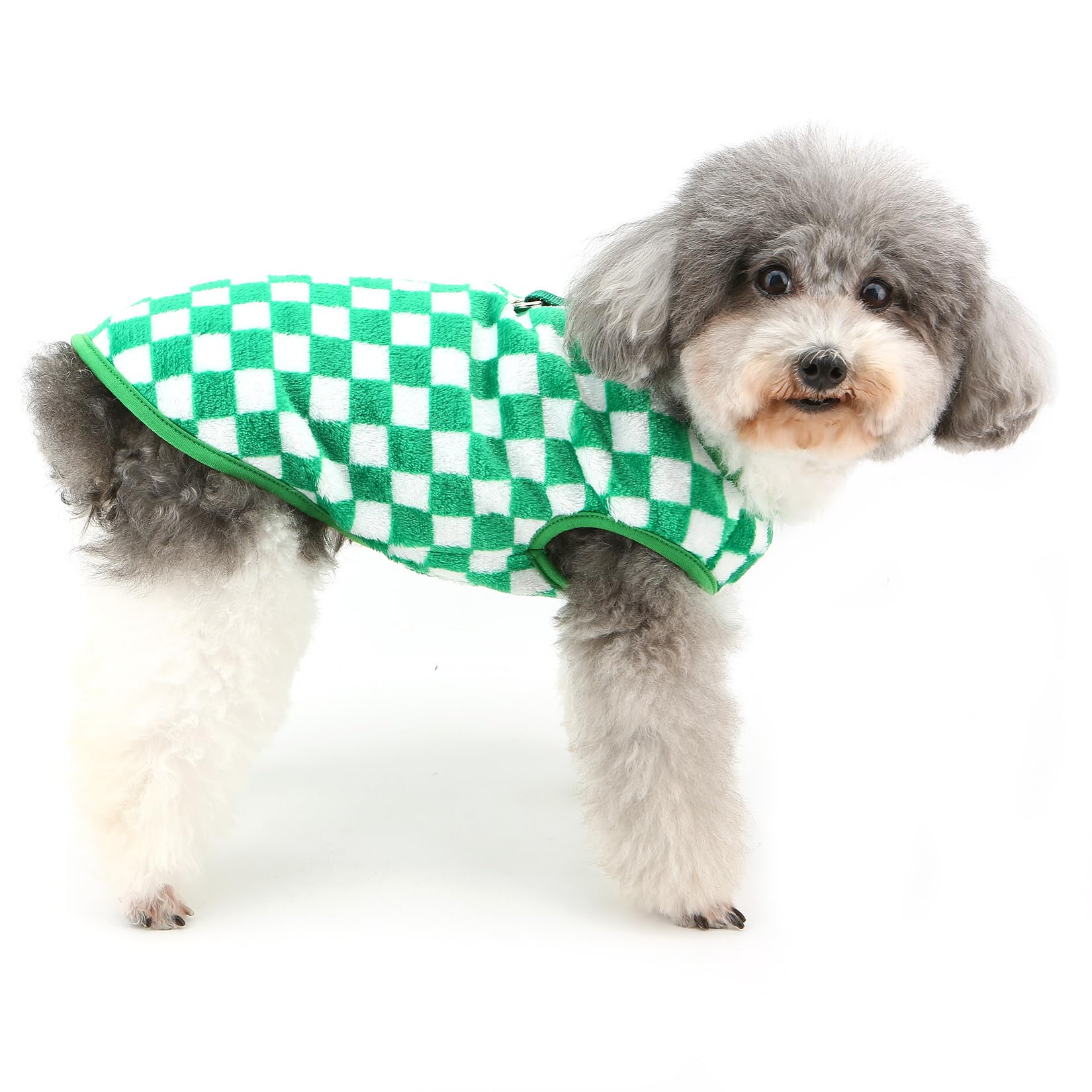 Ranphy Pet Checkered Fleece Sweatshirt for Small Dog Puppy Sleeveless Vest Pullover Jumper Yorkie Chihuahua Autumn Winter Clothes with Leash Ring Cat Clothing,Green,S - Image 3
