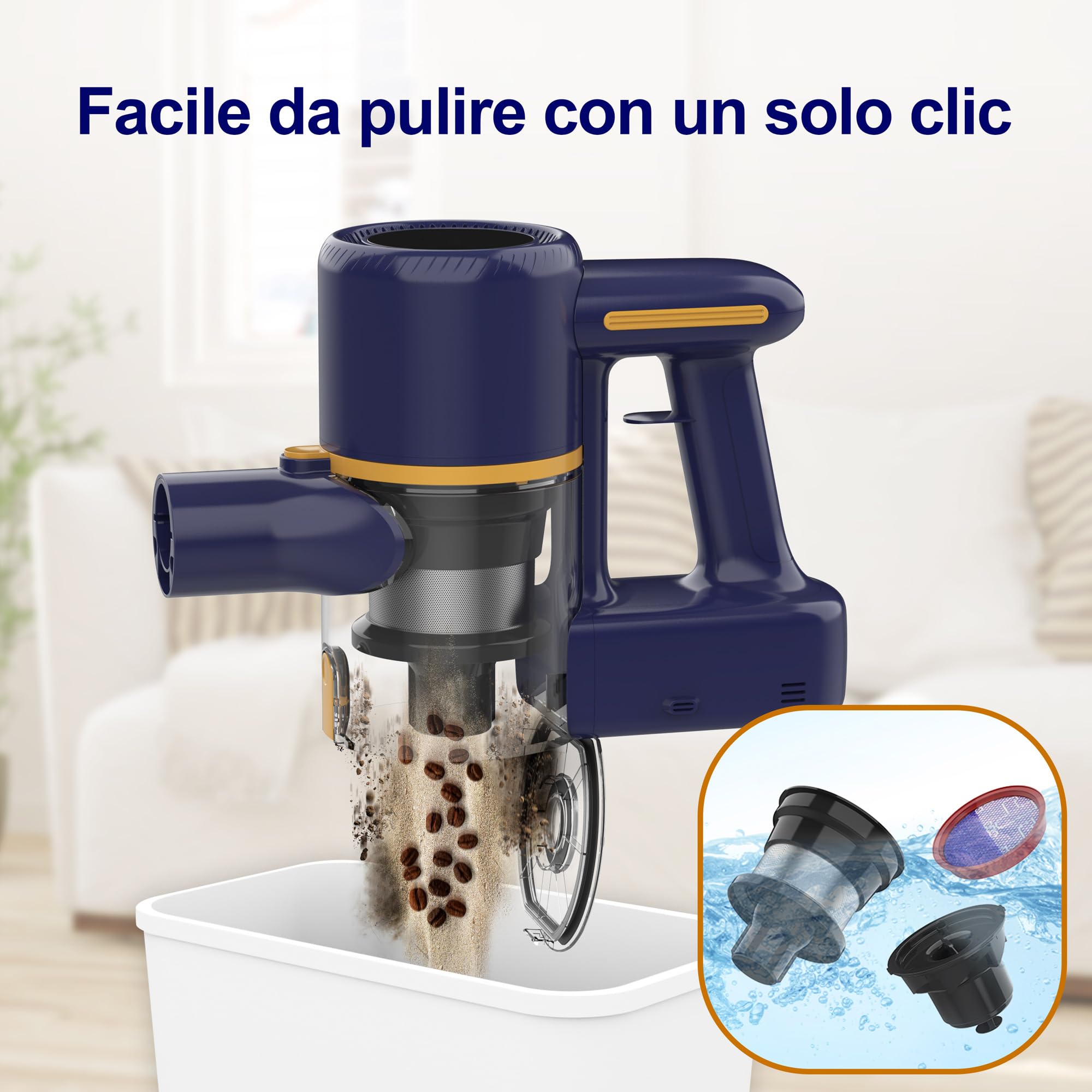 Aspirapolvere Senza Fili, Scopa elettrica Pieghevole, Senza Sacco, 20kPa, Luce LED, Due filtri a spugne, Autonomia 40 Min, Pavimenti Tappeto Peli di Animali Domestici