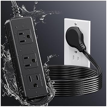 3-Outle Flat Plugt 6-FT Shockproof Protection -Waterproof Power Strip with Surge Protector -Ultra Thin Flat Extension Cord for Outdoor, Outdoor Extension Cord Perfect for Tight Spaces -Black