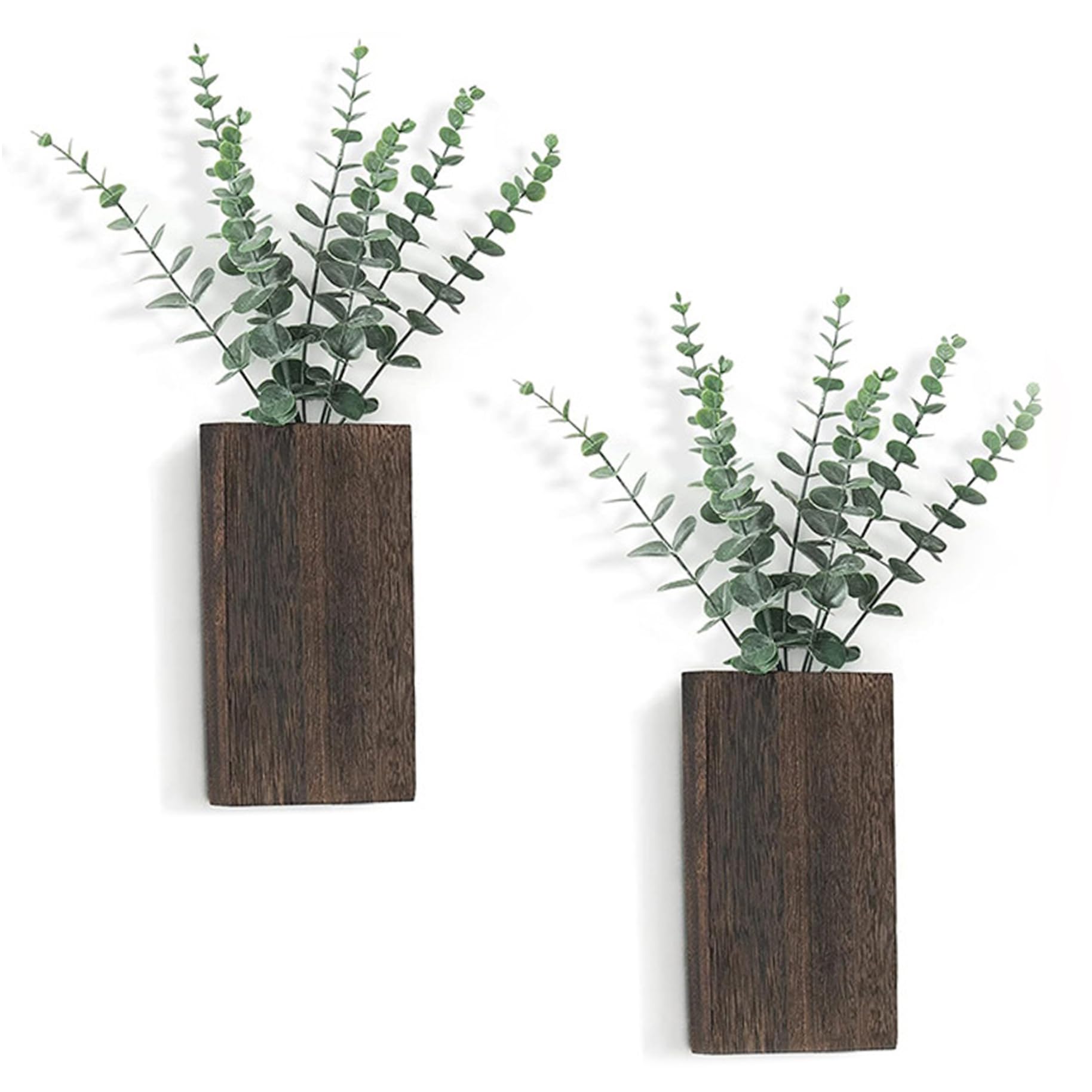 Pineeseatile Plant Wall Decor, Wall Planter, 2PCS Wooden Plant Decor Vase with Artificial Eucalyptus, Hanging Planter, Vertical for Bedroom Living Room Home Office for Daily Use