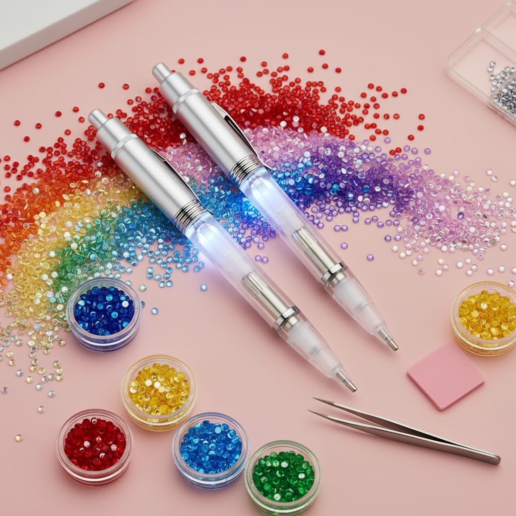 2PCS White LED DIY Diamond Picture Pens,Lighted Drill Applicator for DIY Art,Diamond Embroidery Tools with Bead Tips, Craft Accessories and LED Art Pen Kit,Diamond Picture Tools Accessories