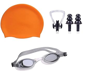 Swimming Kit with Swimming Goggles Silicone Swimming Cap + 1 Nose Clip + 2 Ear Plugs (ORANGE)
