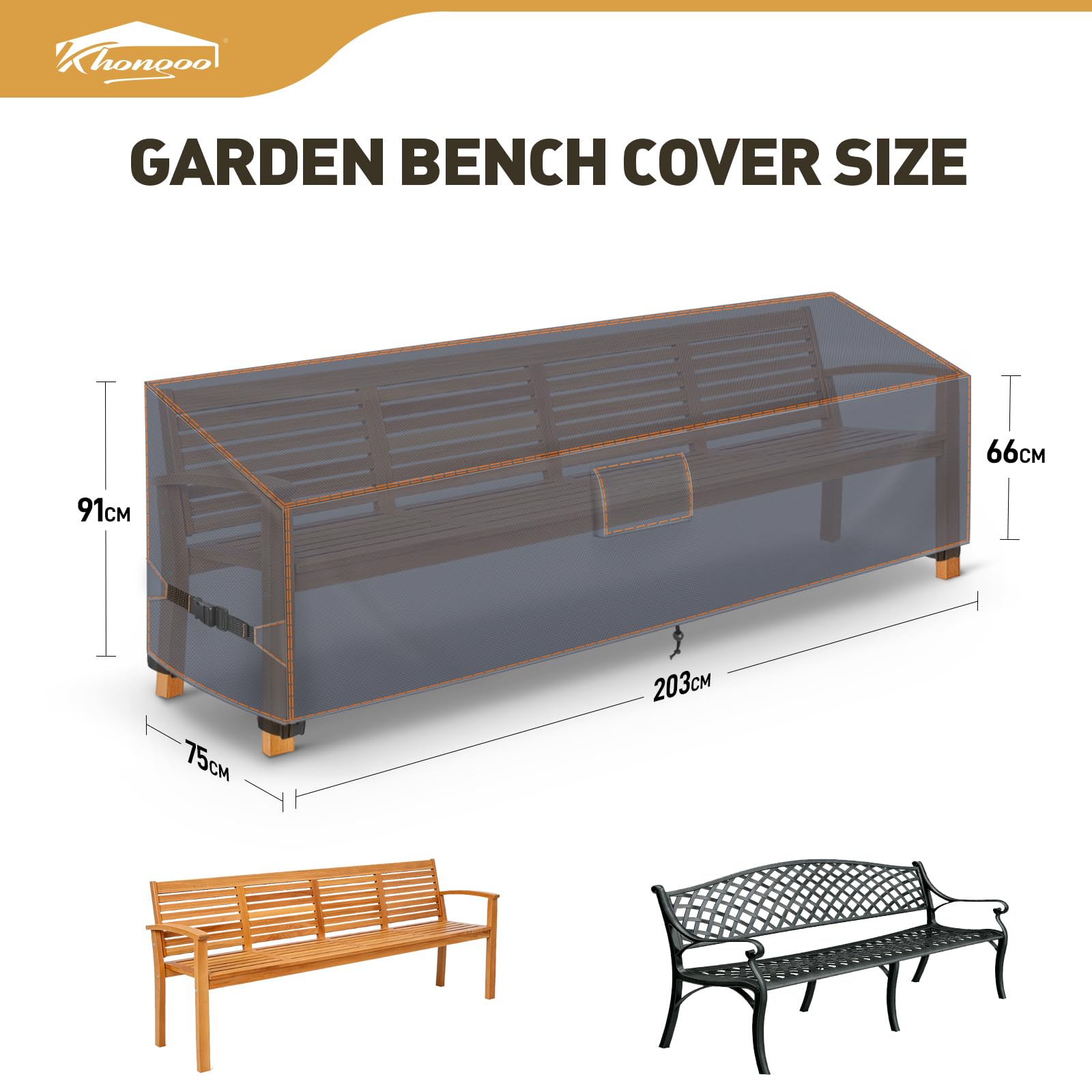 Funda para Banco de Jardín 3-4 Plazas 203x75x66/91 cm, Impermeable, Gris | Tela oxford 420D, resistente a los rayos uv, funda protectora para exterior, con salidas de aire, protección invernal