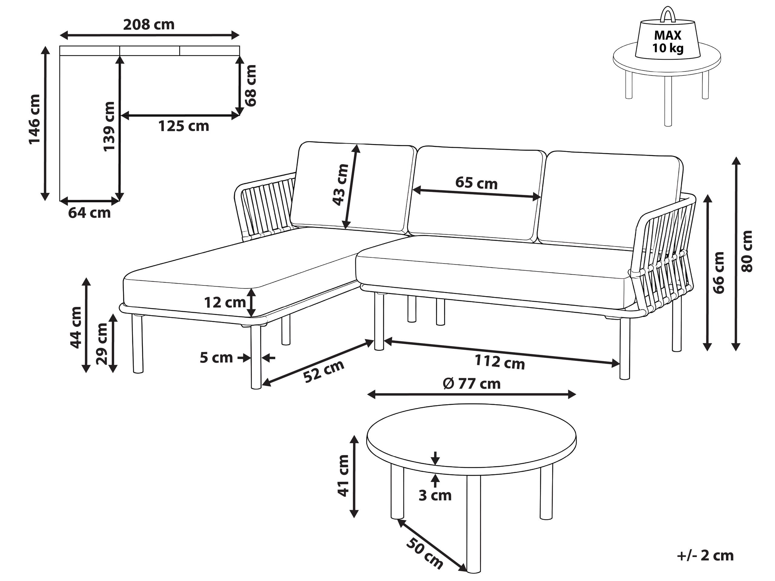 Zestaw ogrodowy 3-osobowy prawostronny sofa i stolik metalowa rama blat ze szkła hartowanego beżowoszary Orte