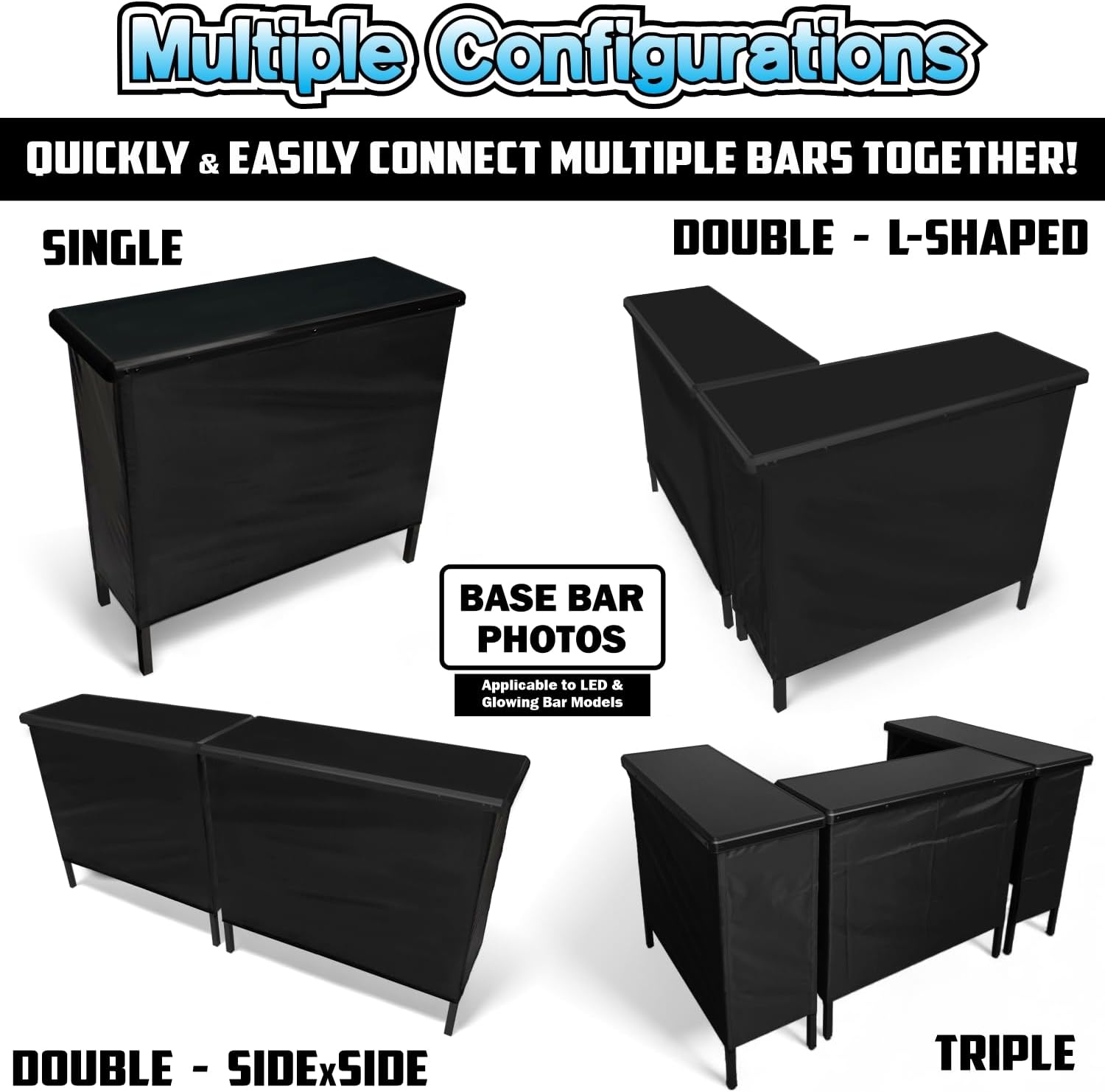 PartyLife Premium Portable Bar Table w/LED Lights, Wireless Remote, Folding Legs, Black Fabric Bar Skirt, 2 Storage Shelves & 2 Carrying Bags | Commercial Grade | Strong & Sturdy - White