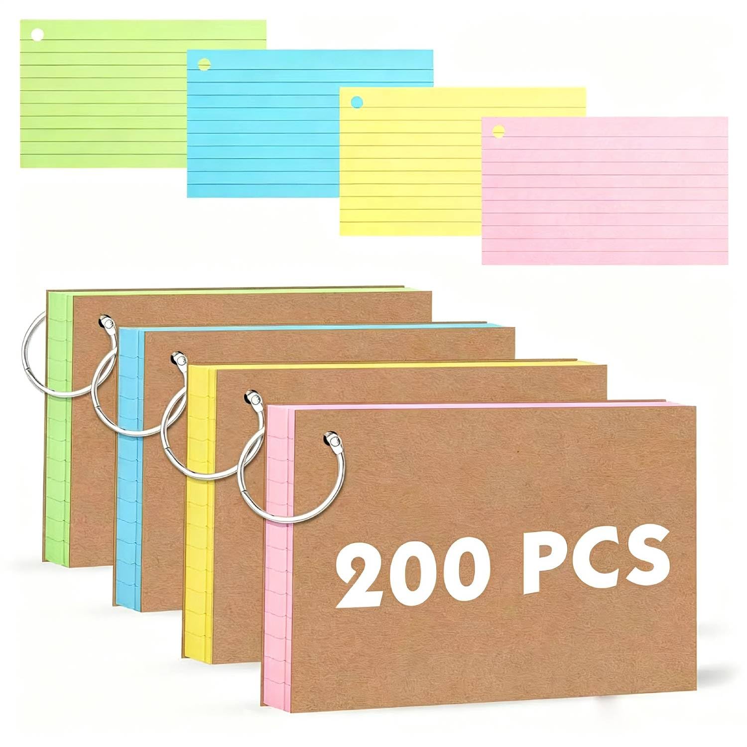 Qcdou A6 Flash Cards(148x105mm), 200Pcs Revision Cards with 4 Binder Rings, Coloured Card, Double Sided Flashcards, Ruled Index Card, Notecards for School, Learning, Office, Work, Speech