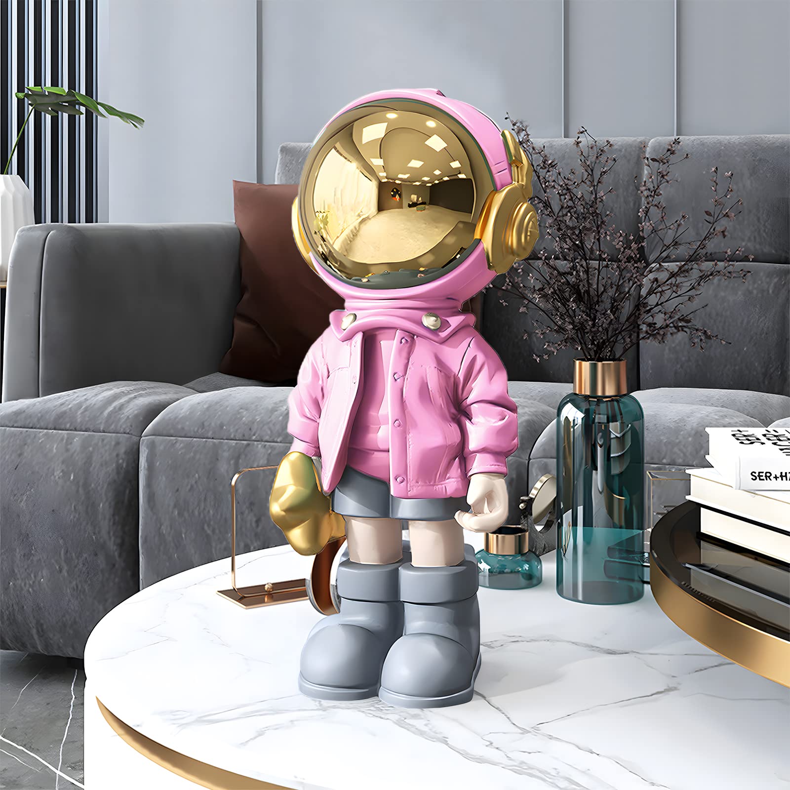 Estatua de estatua de astronauta, decoración de astronauta, escultura para decoración del hogar, decoración de estantes dorados y negros, decoración de mesa con máscara de metal, adorno de figura de a