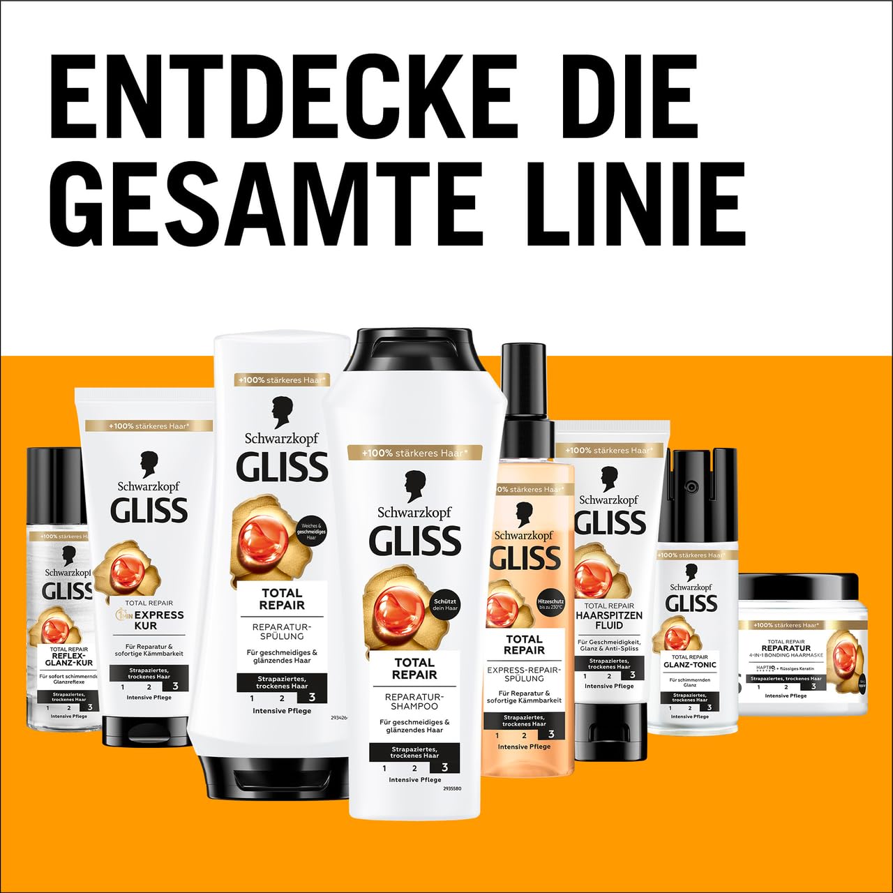 Gliss Szampon Total Repair (12 x 250 ml), szampon do włosów z płynną keratyną i nektarem kwiatowym, szampon pielęgnacyjny do suchych i uszkodzonych włosów, redukuje łamliwość włosów