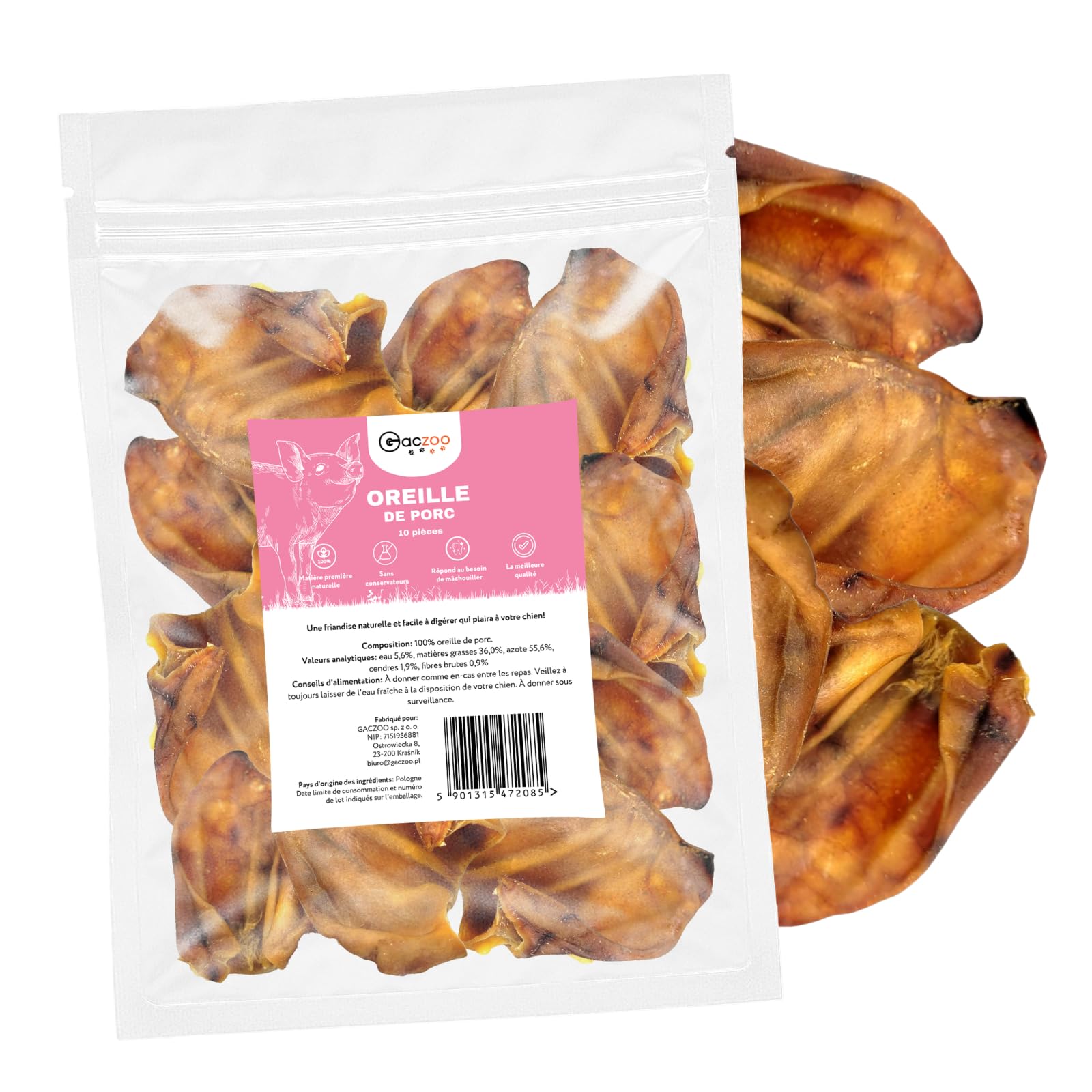 Oreilles de Porc pour Chien – Friandises pour Chien – 100% Naturels sans conservateurs ni additifs – Hygiène Dentaire, Réduction du Stress – Source collagène et protéines – 10 Pièces