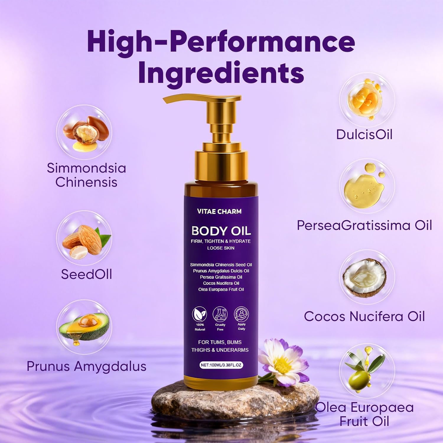 Vitae Charm Body Oil, Luxury Body Oil for Crepe Skin, Firming Tightening & Hydrating Body Serum with Vitamin E and Sweet Almond Oil, Smooths Skin for Women - Image 7