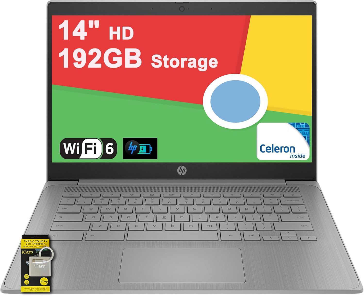 HP Chromebook 14 Home and Student Laptop 14" HD Antiglare Intel Celeron N4500 4GB RAM 192GB Storage (64GB SSD + 128GB SD Card) Type-C Wi-Fi6 Long Battery Life Fast Charging ICP Hub