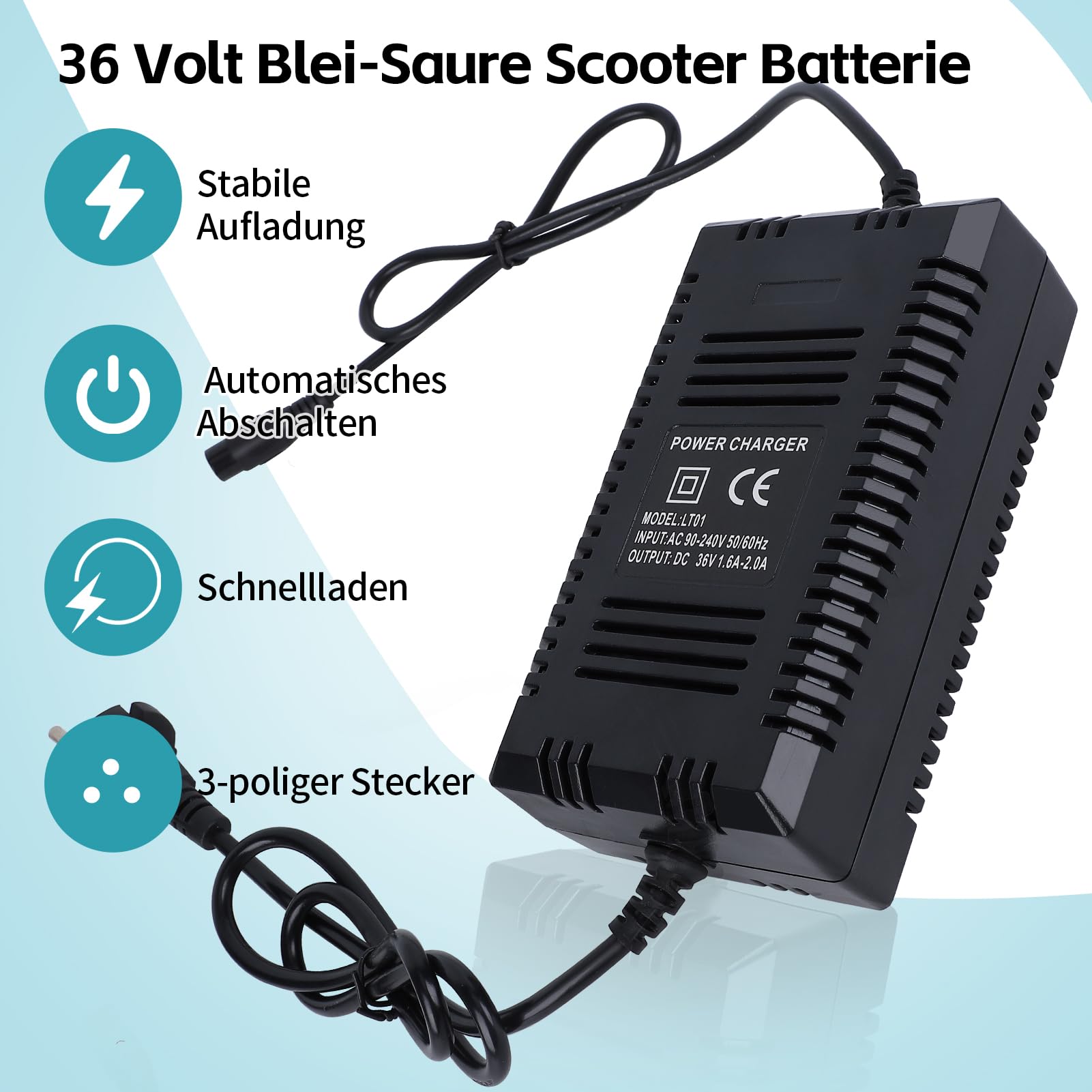 VBESTLIFE 36V intelligentes Automatisches Batterieladegerät,Bleibatterie Ladegerät Digitalanzeige für elektrisches Fahrrad/Automobil.(EU)