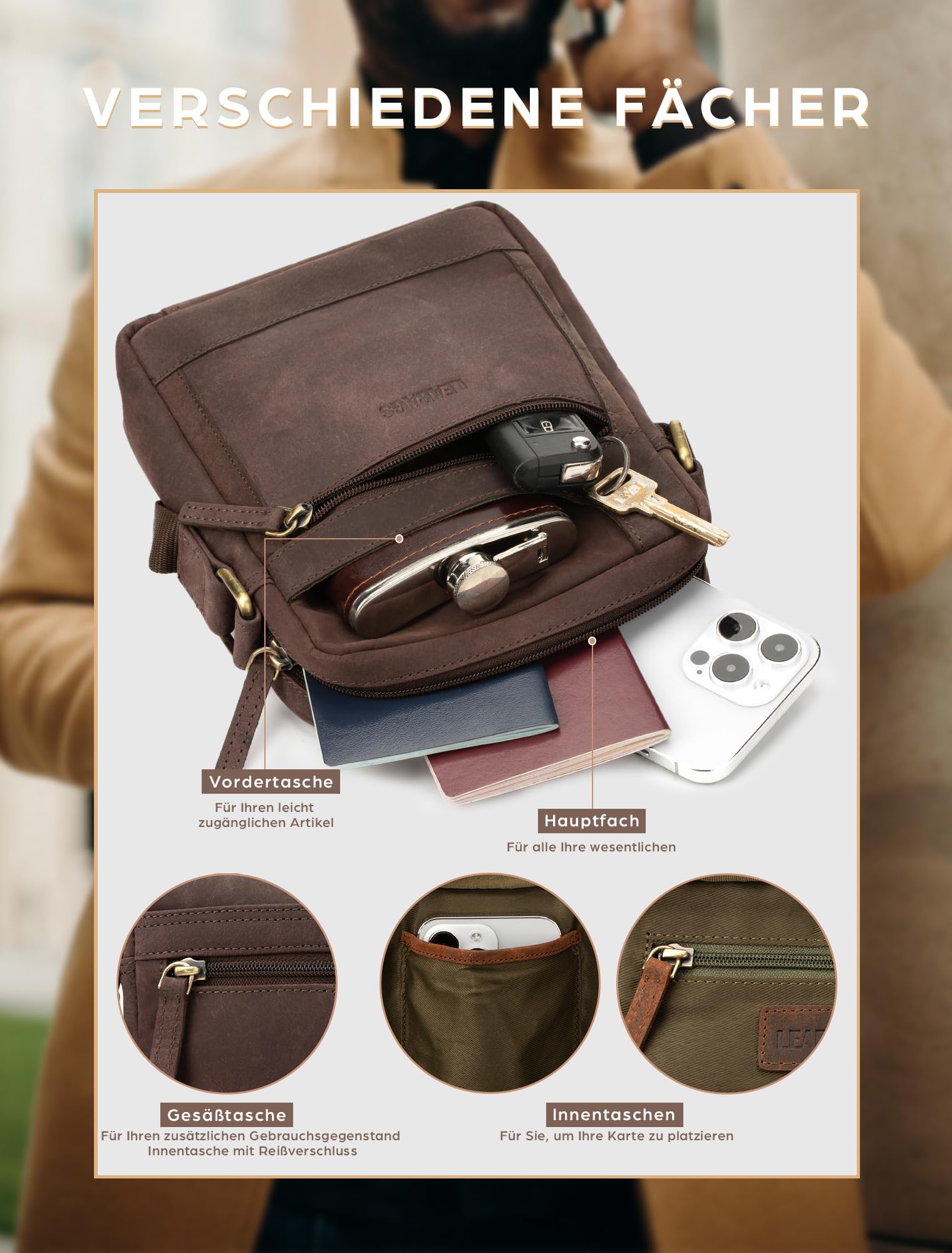 LEABAGS Leder Umhängetasche Herren - Messenger Bag Herrenhandtasche, Vintage Echtleder Crossbody Bag Herren, 2.2 l Handtaschen Arbeitstasche Tragetasche, Schultertasche für Männer(Nature Dunkelbraun)