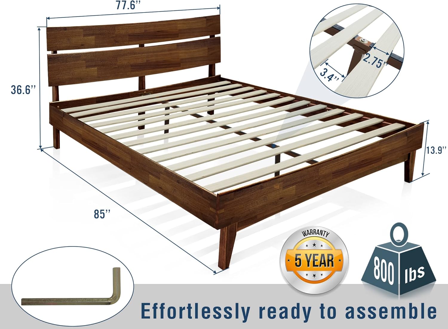 Acacia Aurora King Size Bed Frame, King Bed Frame and Headboard Wood Bed Compatible with All Mattress Types, No Box Spring Needed Bed Frame, Quick & Easy Assembly Bedroom Furniture, Chocolate - Image 2