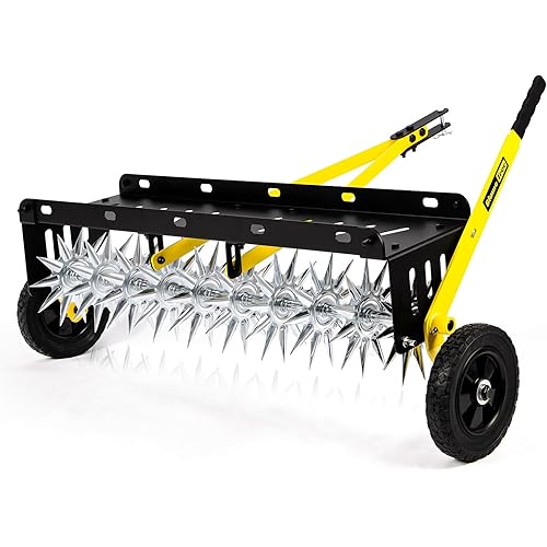 40-Inch Tow Behind Spike Aerator, Pull Behind Lawn Aerator with 10 Galvanized Steel Tines for Aerating Lawns, Soil Penetrator Spikes Tractor with Wheels, Extra-Wide Tow Bar for Garden & Farm