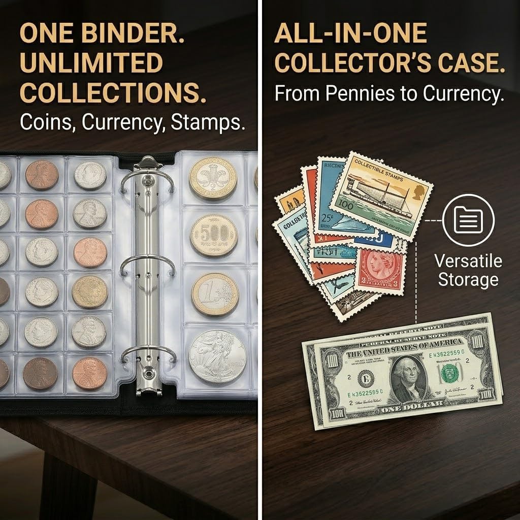 2000℉ Fireproof Coin Collection Book Holder with Magnifying Glass, 312 Pocket 3-Ring Coin Album Organizer with Flaps, Paper Money Storage Case Binder Currency Collecting Supplies (Black)