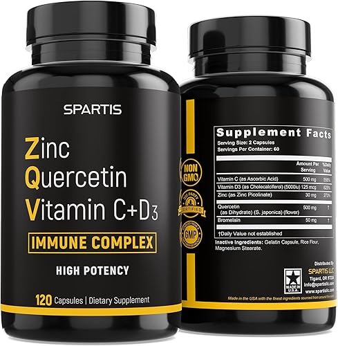 Quercetina de zinc 500 mg con vitamina C Vitamina D3 Bromelina Apoyo Inmunológico Suplemento de Quercetina Zinc de Alta Potencia ZQV (paquete de 1