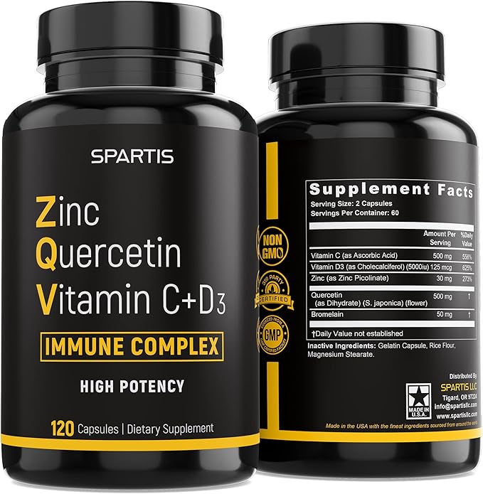 Zinc Quercetin 500mg with Vitamin C Vitamin D3 Bromelain