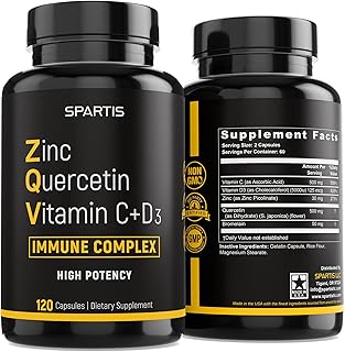 Zinc Quercetin 500mg with Vitamin C Vitamin D3 Bromelain Immune Support High Potency Quercetin Zinc Supplement ZQV by SPARTIS (Pack of 1 Bottle at 120-Caps)
