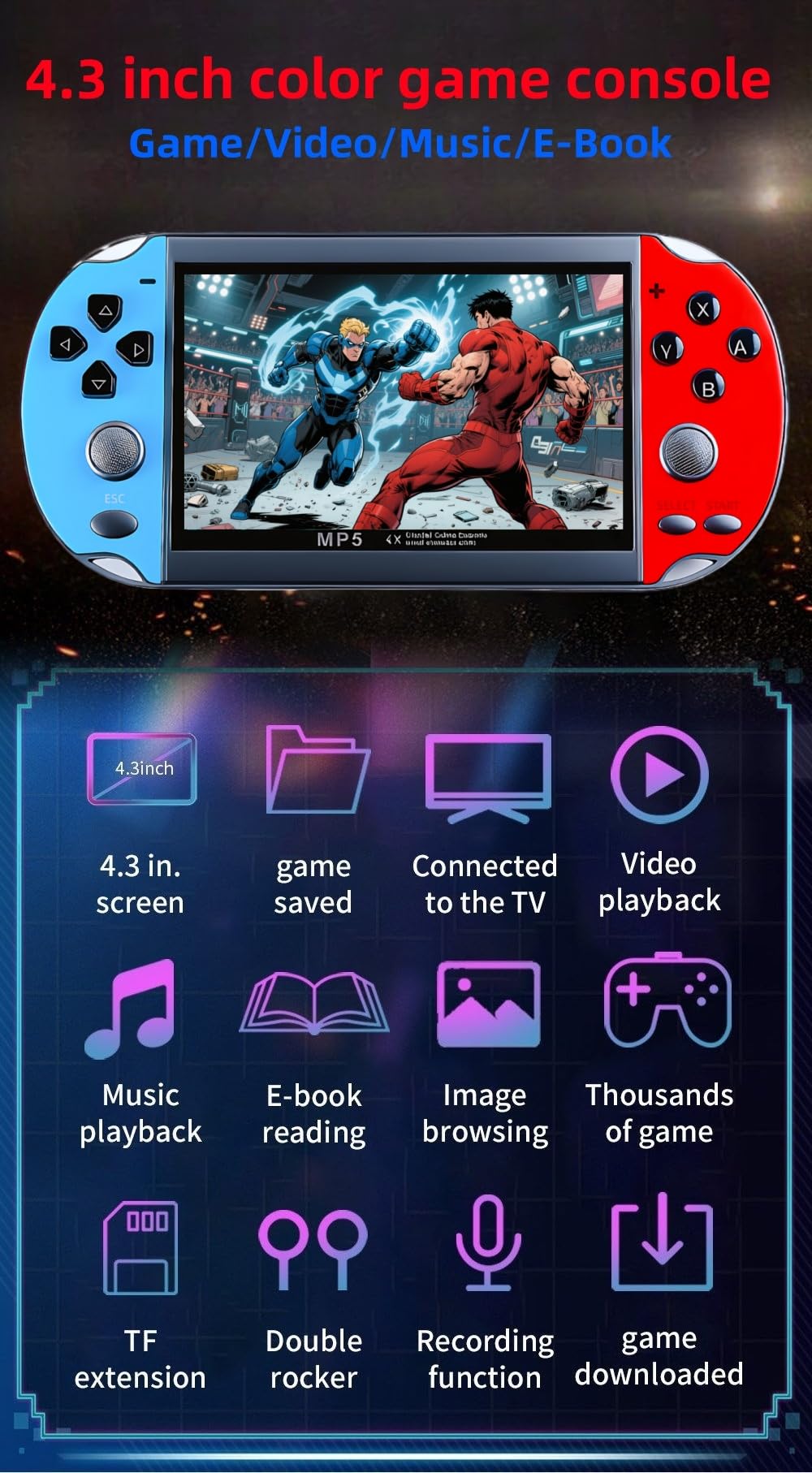 JXD Consolle per videogiochi in stile retrò, 4,3 pollici, Sreen 8 GB, 3000 giochi, console da gioco portatile mini simulatore multiplo MP3 MP4 e-book regalo nostalgico per bambini