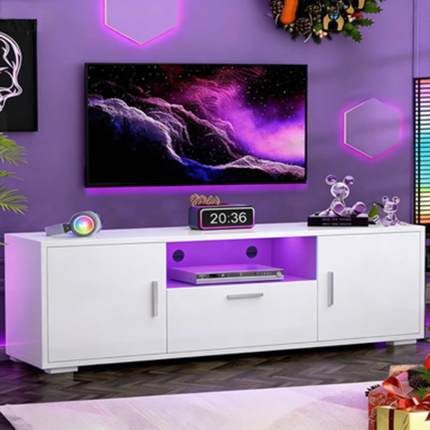 HOUAGI LED TV Stand for Televisions up to 55 Inchs, Black Modern Entertainment Center with Storage Drawer and Glass Shelf, TV Console Table for Living Room,Bedroom, 50in