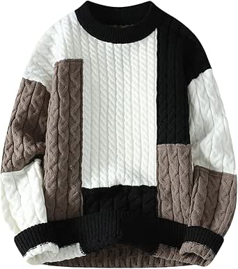 GURUNVANI Patchwork Trui Mens Colorblock Jumper Kabel Gebreide Trui Oversized, Zwart, XL