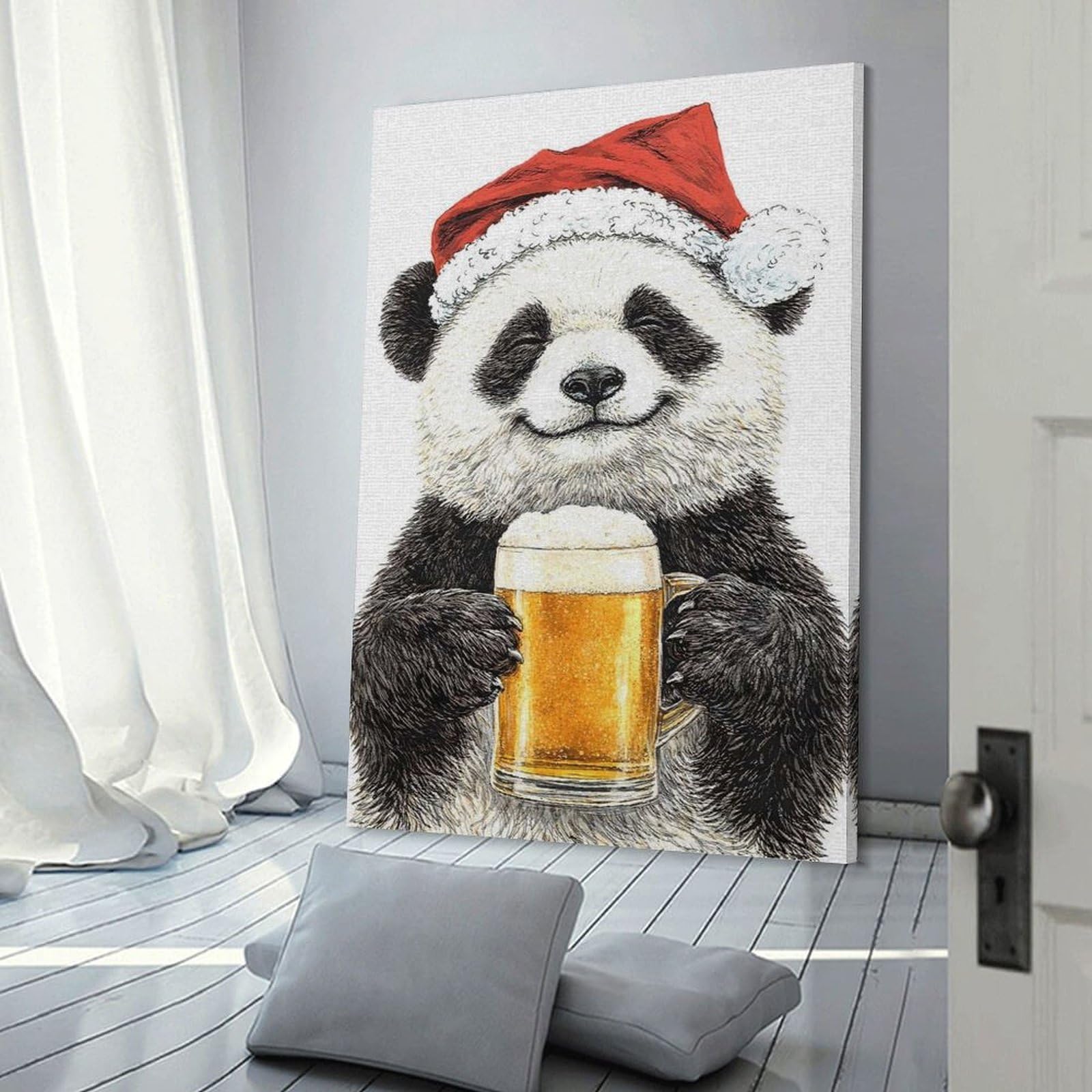 Junmoney Panda in Santa Hat with Beer Wall Art Print, 24x36inch(60x90cm), for Corridors, Hallways Or Apartment Entries, Wall Decor to Refresh Empty Corners