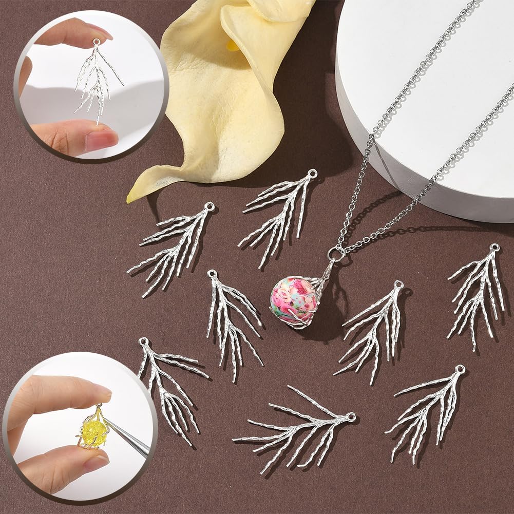 SUNNYCLUE 1 Box 10Pcs Branch Shape Blanks Claw Pendant Trays Bulk Silver Brass Empty Prong Bezel Adjustable Cage Stone Holder Charm for Jewelry Making DIY Necklace Craft Finding Supplies Women Adults - Image 3