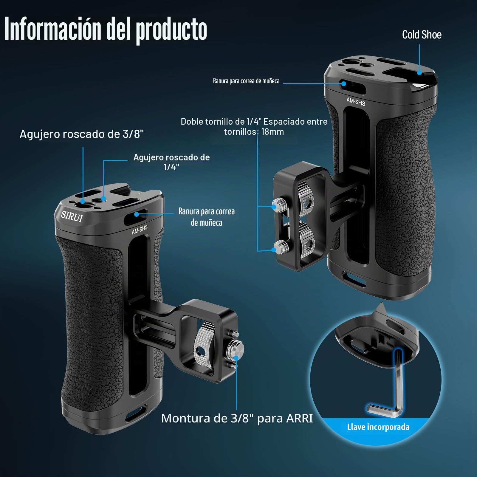 SIRUI Mango Lateral con Localización para ARRI y con Tornillo de 1/4'' para Jaulas de Cámara, Side Handle Ergonómica Universal - Am-SHS