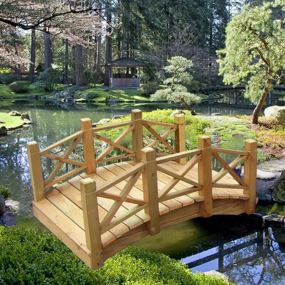 5.9Ft Retro Curved Wooden Footbridge, Lawn Pond Bridge Walkway with Double Railings, Full Solid Wood Heavy Duty Garden Bridge, 500Kg Load-Bearing,Length 130cm