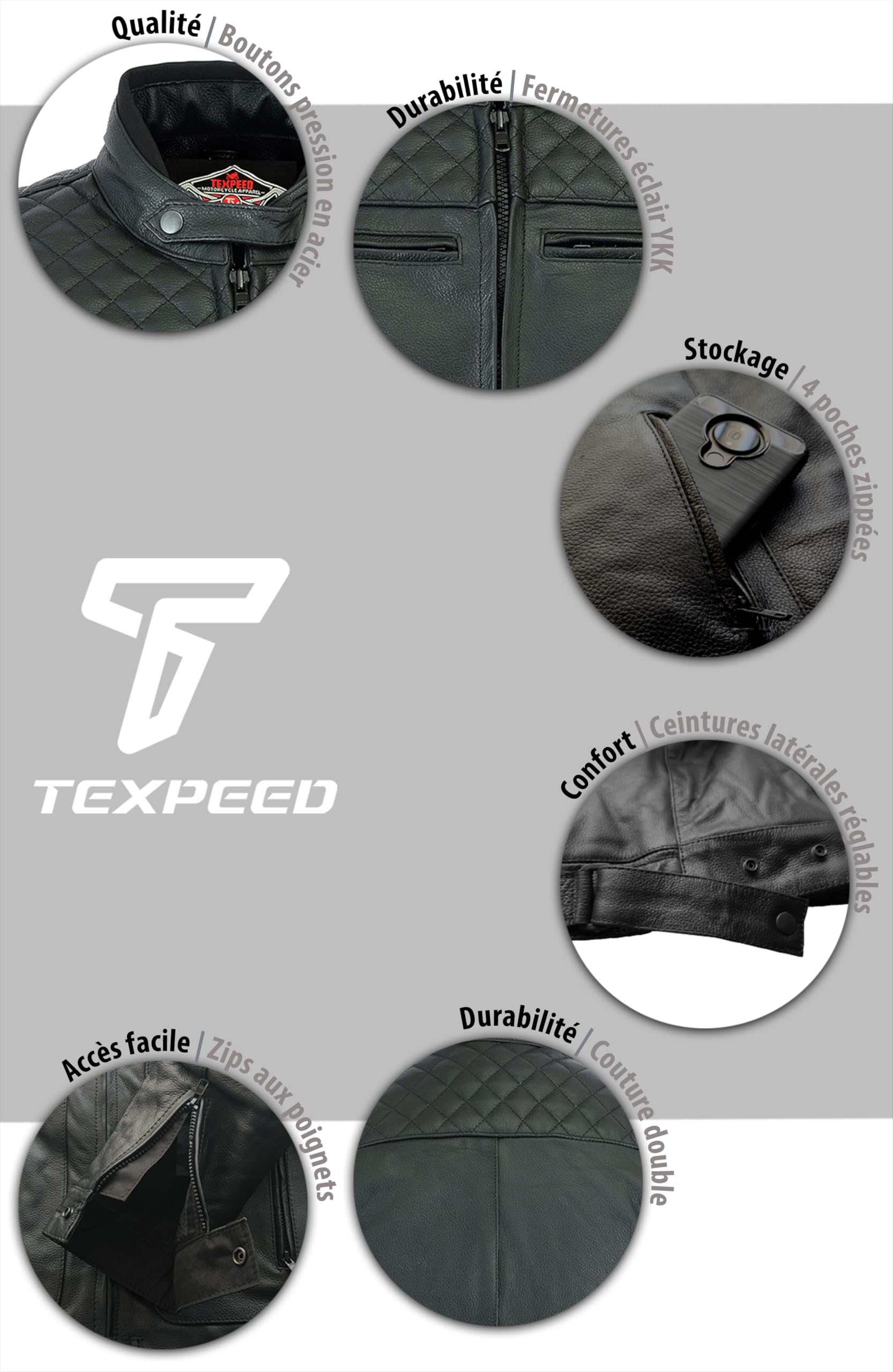 Texpeed Blouson de moto en cuir pour homme - Veste de moto de tourisme avec protection véritable biker CE armor (EN 1621-1) Coutures diamant - Noir - XXL | EN 17092 Vêtement Moto Renforcé, EN 1621-1 [Niveau 1] Armure de Motard Flexible, Cuir de Vachette V