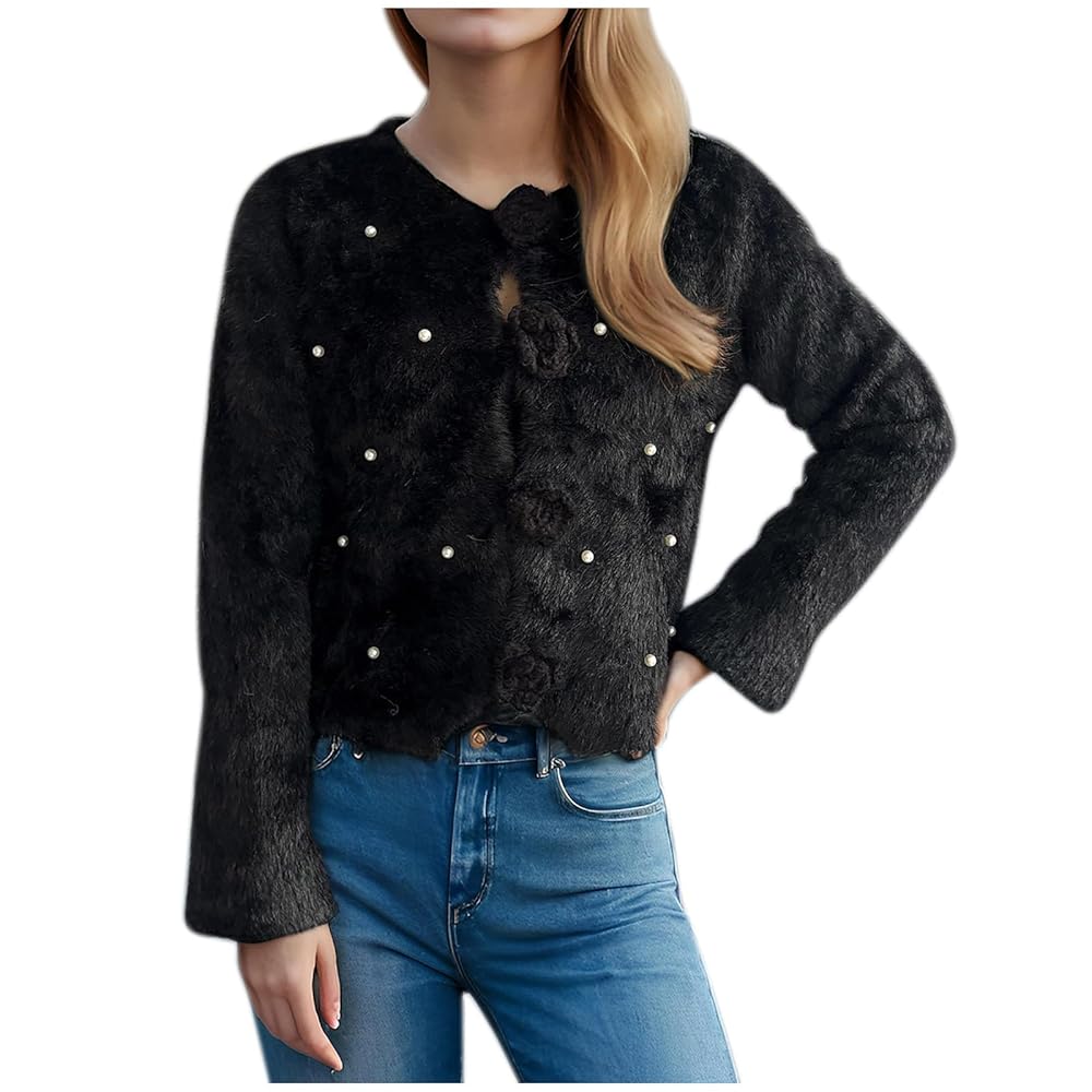 Women's Fuzzy Cardigan Trendy Pearl Sweater Long Sleeve Open