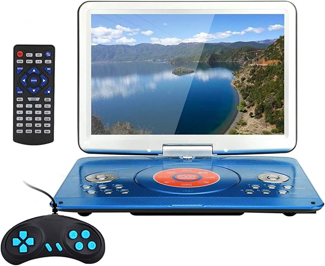 YOOHOO Portable DVD Player 16.9 inch with 14 inch Swivel Large Screen Travel DVD Players screenplug in to electricfor Kids Rechargeable Car Adapter Support USB SD Card, Blue