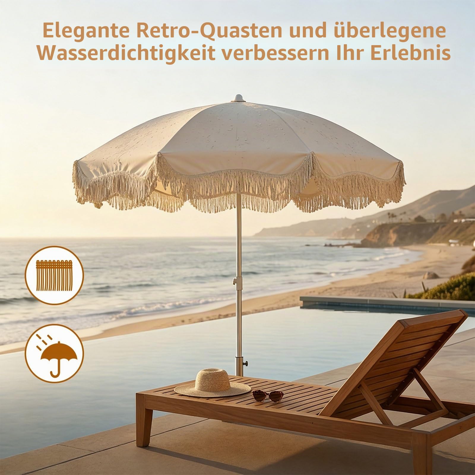 Sonnenschirm 150cm Boho Chic Mit Fransen, Strandschirm Vintage UPF 50+ UV-Schutz & Hitzeschutz, Tragbar Für Garten, Balkon, Terrasse, Pool & Camping, Wasserfest, Beige