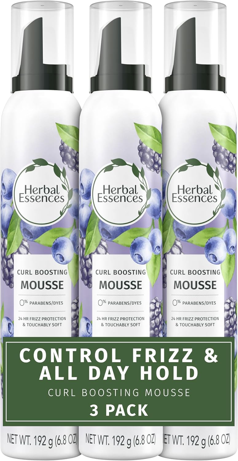 Herbal Essences Curl Boosting Mousse, Frizz Control for Curly & Wavy Hair, Long-Lasting Hold with Berry Scent, Paraben & Dye-Free, Cruelty-Free, 6.8 Fl Oz Each, 3 Pack