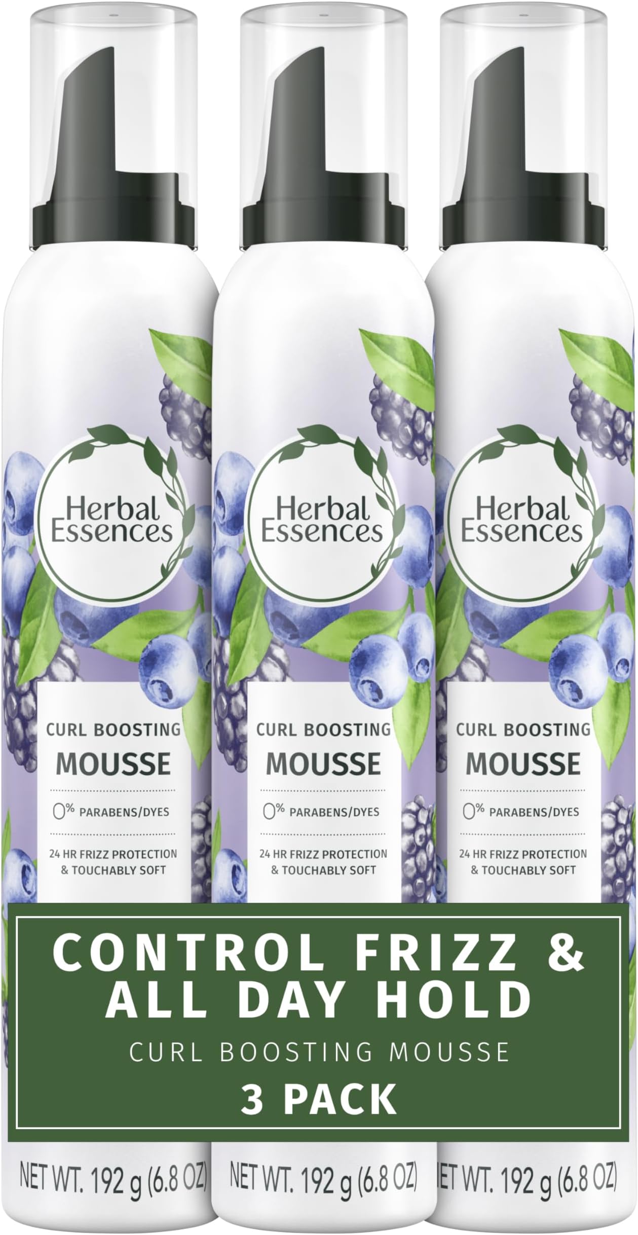 Herbal Essences Curl Boosting Mousse, Frizz Control for Curly & Wavy Hair, Long-Lasting Hold with Berry Scent, Paraben & Dye-Free, Cruelty-Free, 6.8 Fl Oz Each, 3 Pack
