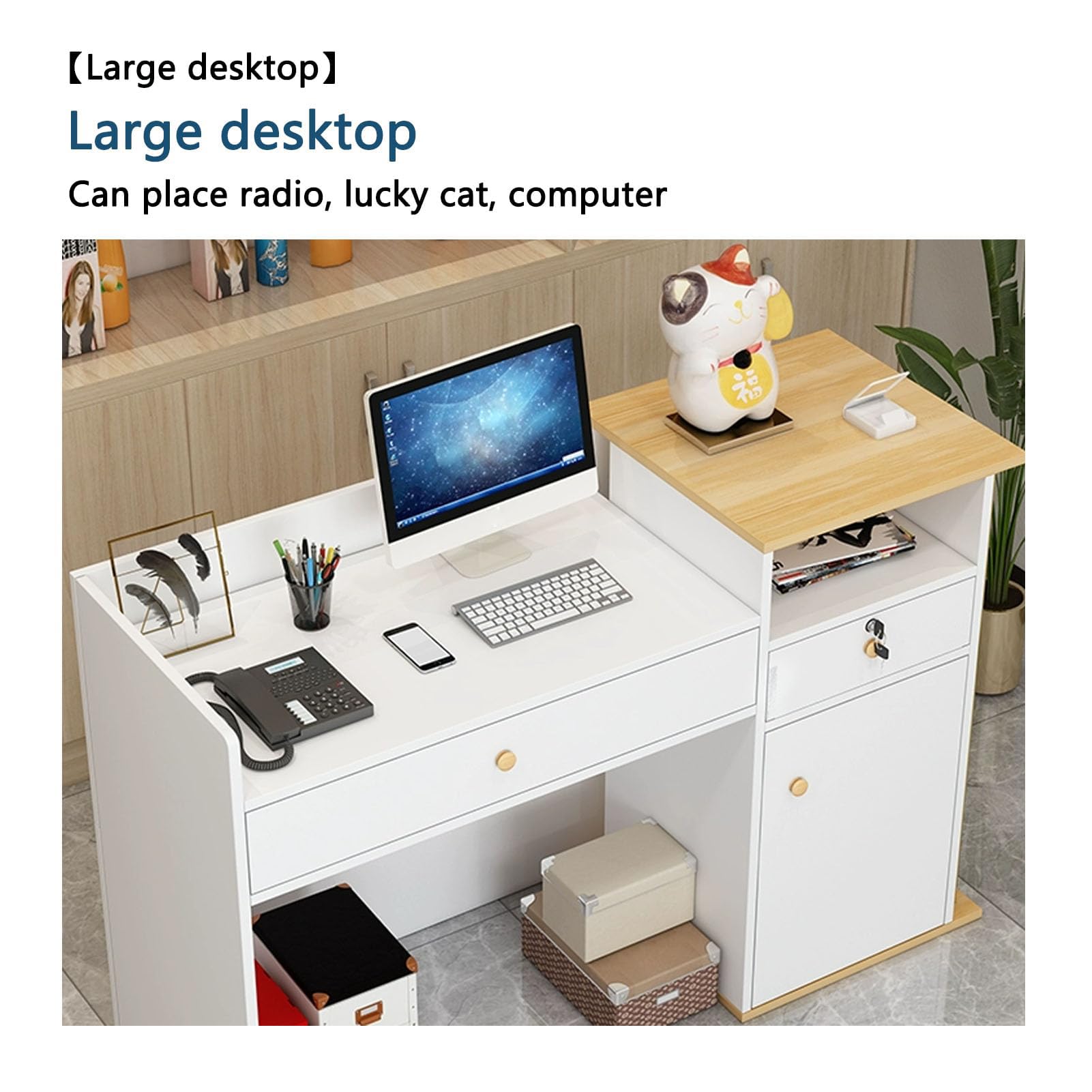 Comptoir D'accueil Blanc & Bois Clair - Avec éclairage Intégré Et