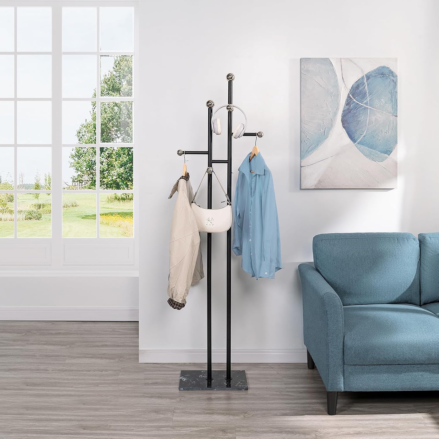 Coat Rack Freestanding with Marble Base, Heavy Duty Metal Clothes Rack, Corner Coat Tree Hat Rack for Entryway Bedroom Living Room Hotel 14.96 x 10.24 x 68.9 Inches (Black)