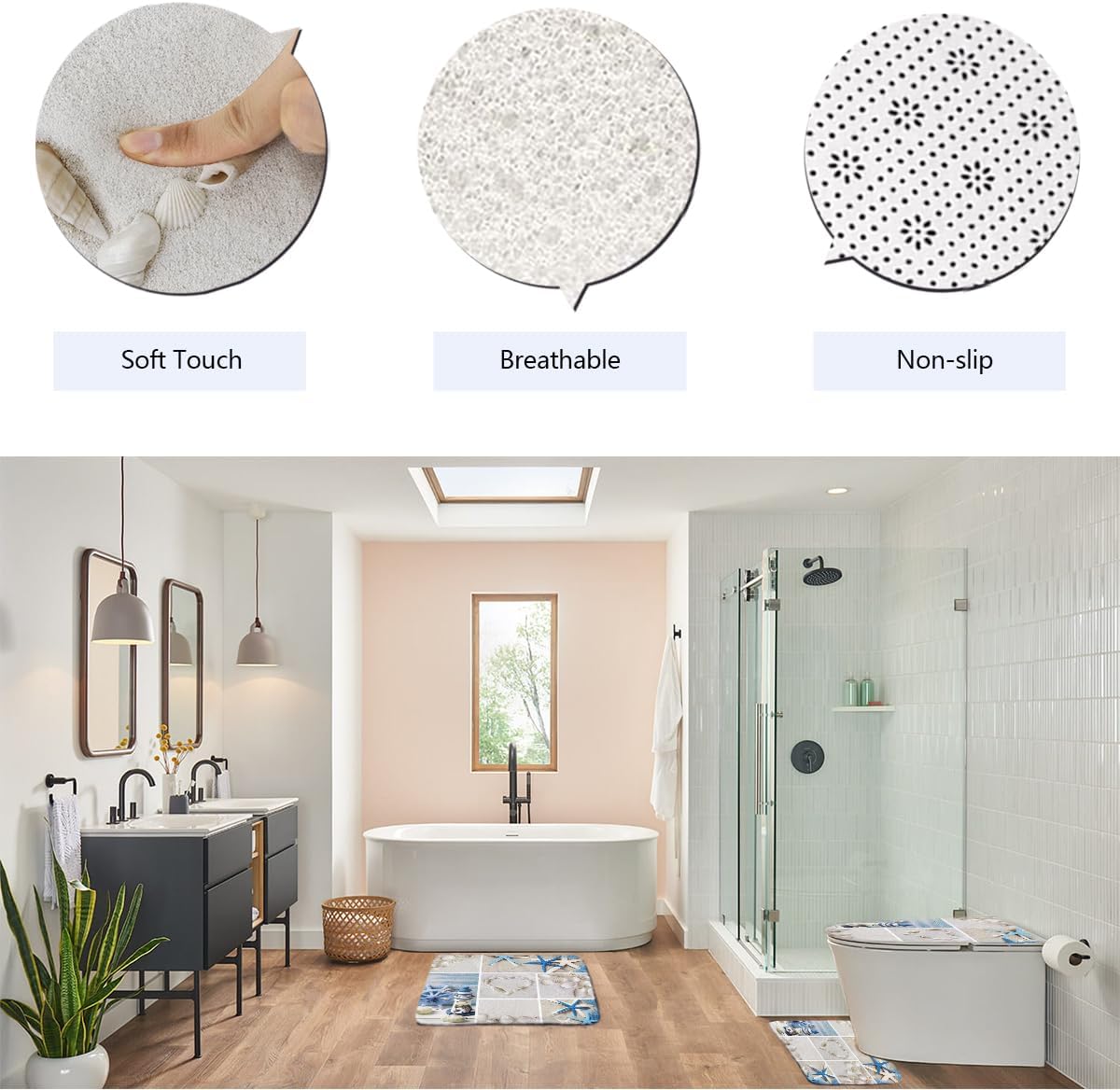 zokyer Starfish Shower Curtain Set Seashell Beach Coastal Conch Ocean Blue Bathroom Decor with Non-Slip Rugs Toilet Lid Cover U Shape Mat 12 Hooks Fabric Polyester (60Wx72L)